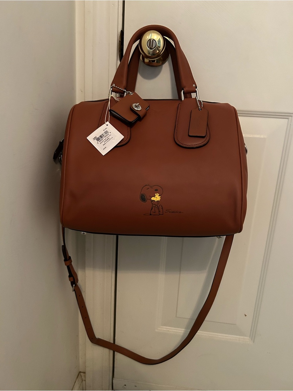 Coach Tan Leather Satchel with Snoopy & Woodstock Detail